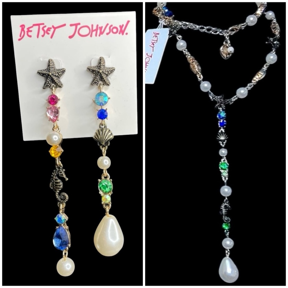 BETSEY JOHNSON SET Seahorse Starfish Seashell & Pearl Necklace & Earrings NWT